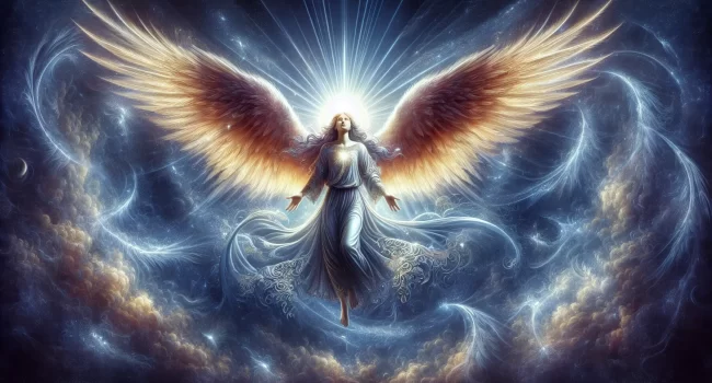 Representación artística de un ángel celestial con alas extendidas