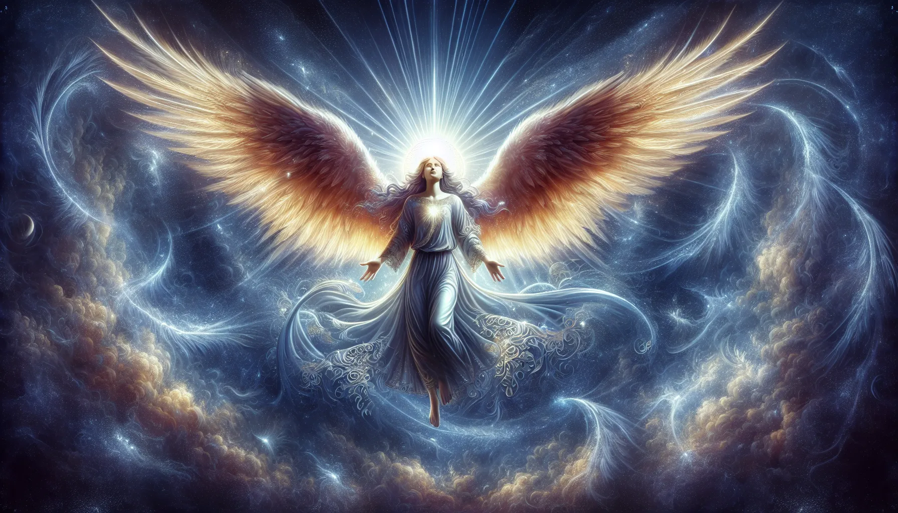 Representación artística de un ángel celestial con alas extendidas