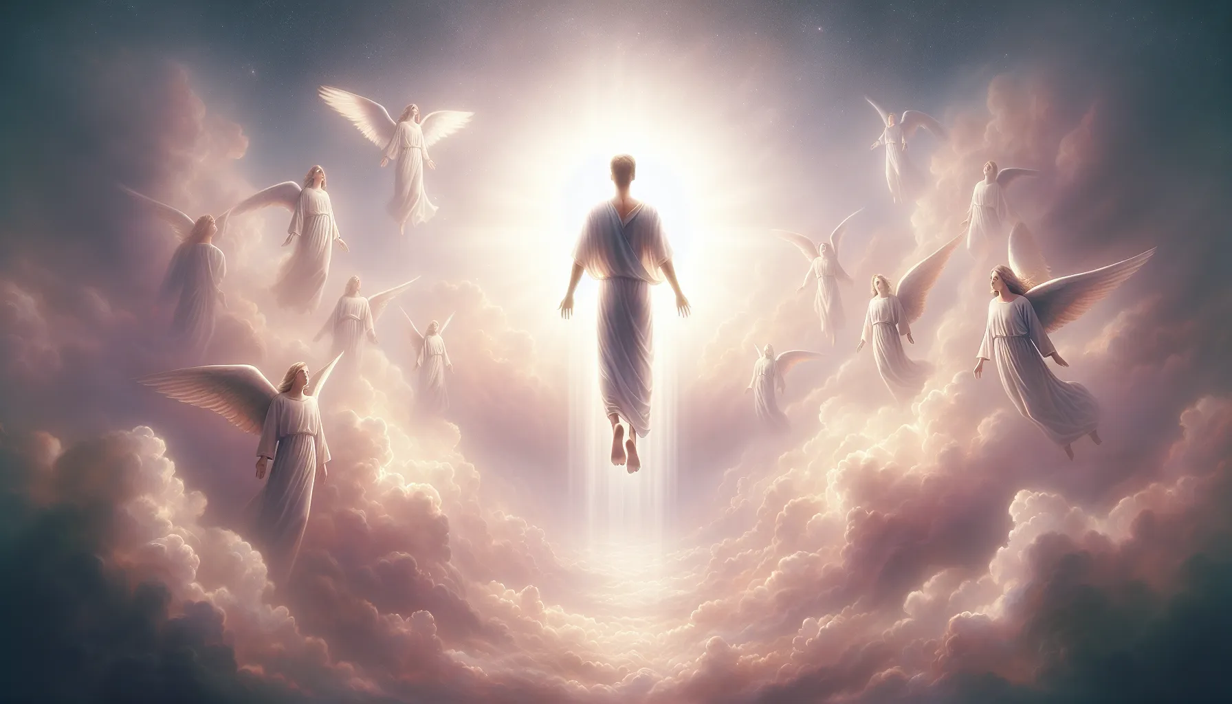 Representación visual del Arrebatamiento de la Iglesia según la Biblia: una persona ascendiendo hacia la luz celestial rodeada de nubes y ángeles.