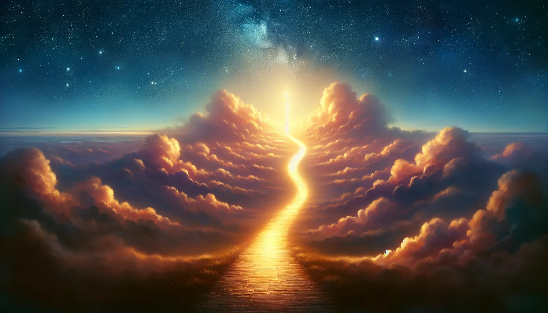 Pintura de un camino iluminado hacia el cielo