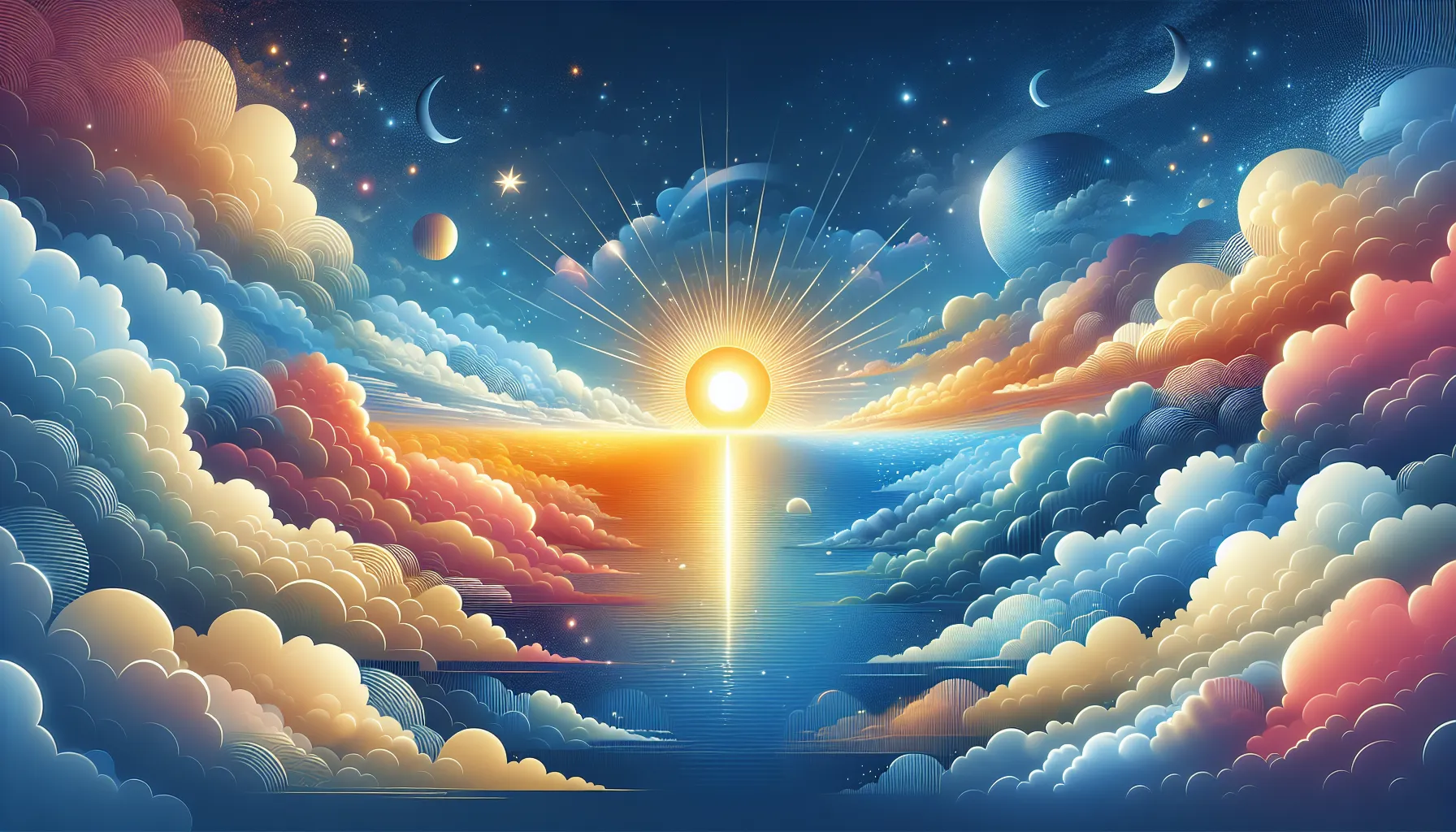 Una imagen de un cielo colorido con nubes dispersas y un sol brillante, simbolizando la llegada del día del Señor con señales de su venida.