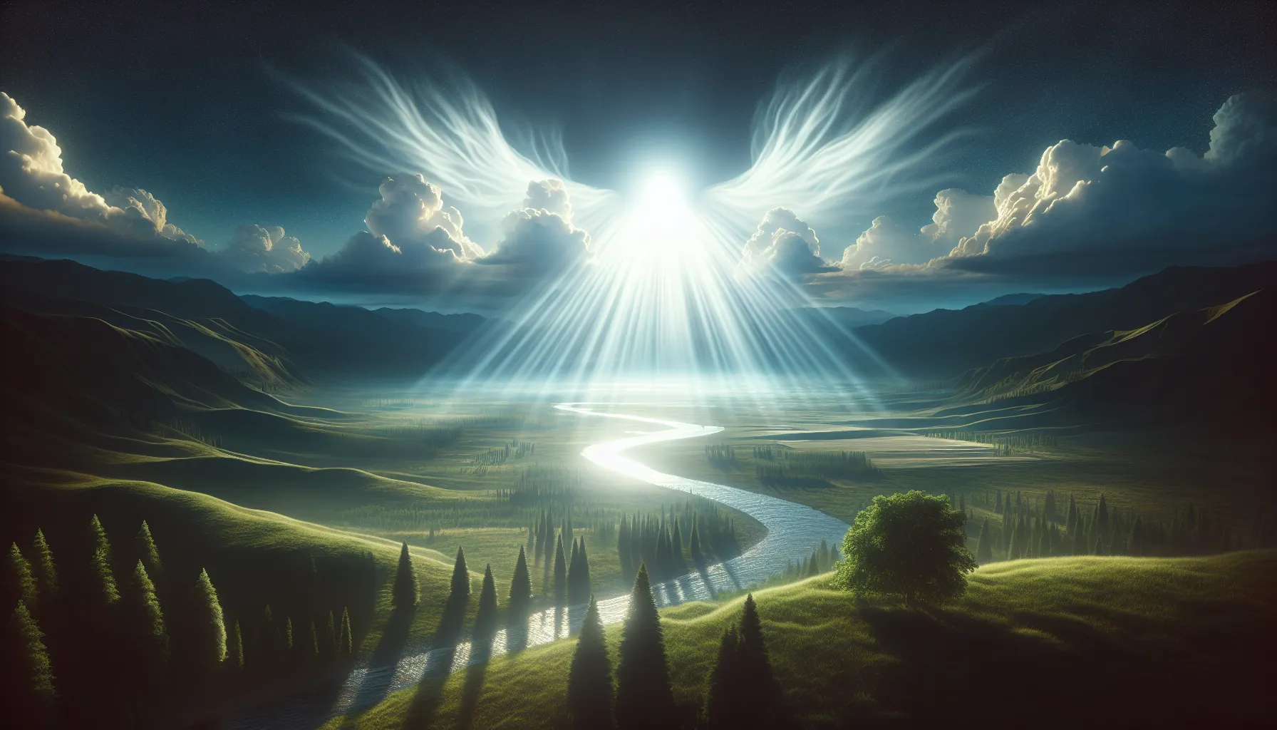 Imagen ilustrativa de un paisaje sereno con rayos de luz brillantes