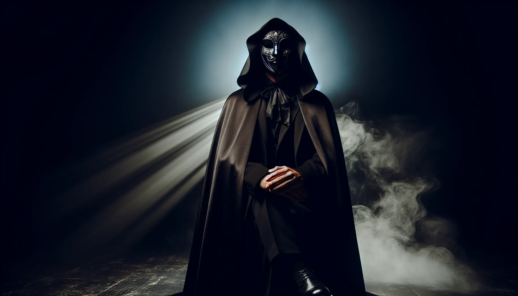 Imagen de un hombre misterioso con una capa oscura y una máscara en un escenario oscuro y misterioso