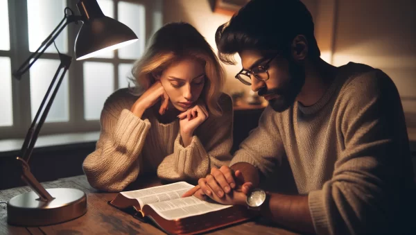 Imagen representando al esposo y la esposa estudiando la Biblia juntos para comprender sus roles según las enseñanzas bíblicas.