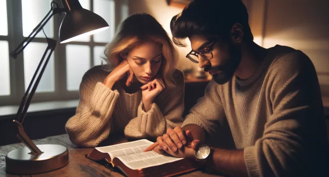 Imagen representando al esposo y la esposa estudiando la Biblia juntos para comprender sus roles según las enseñanzas bíblicas.