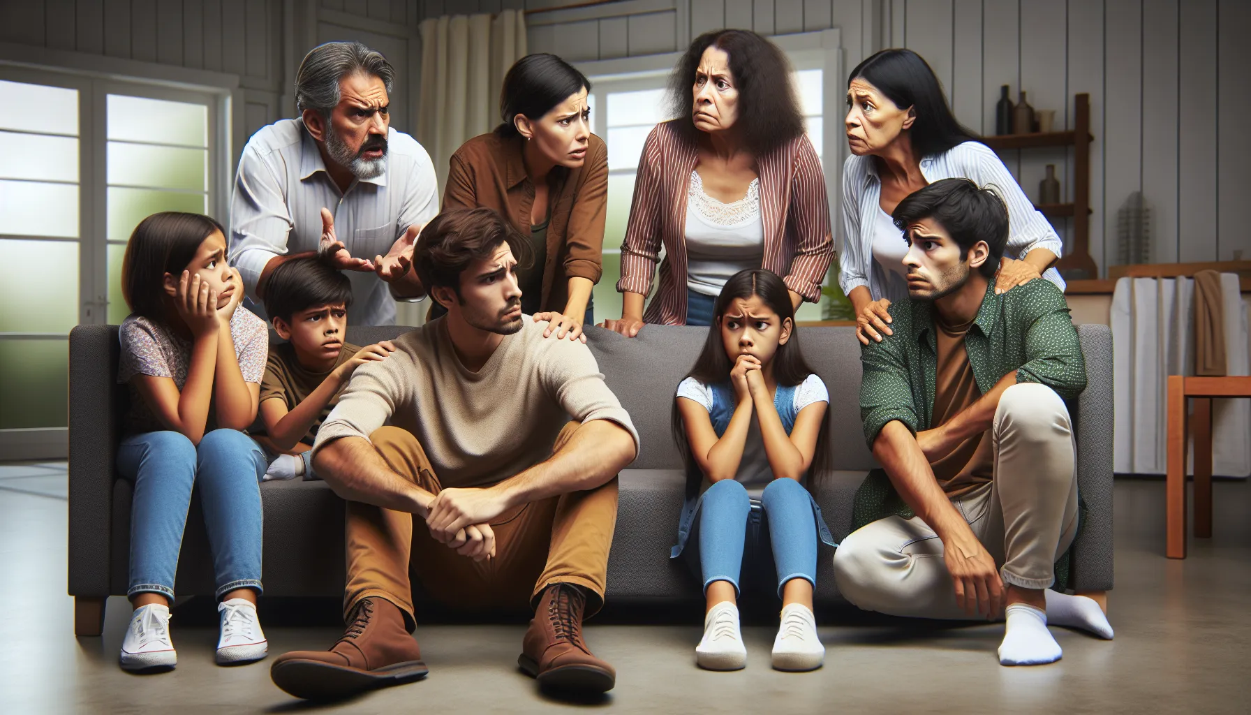 Imagen ilustrativa de una familia con expresiones de preocupación y conflicto