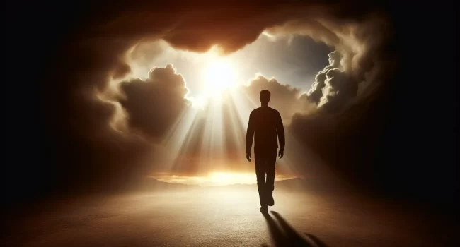 Imagen que muestra una silueta de una persona caminando hacia la luz