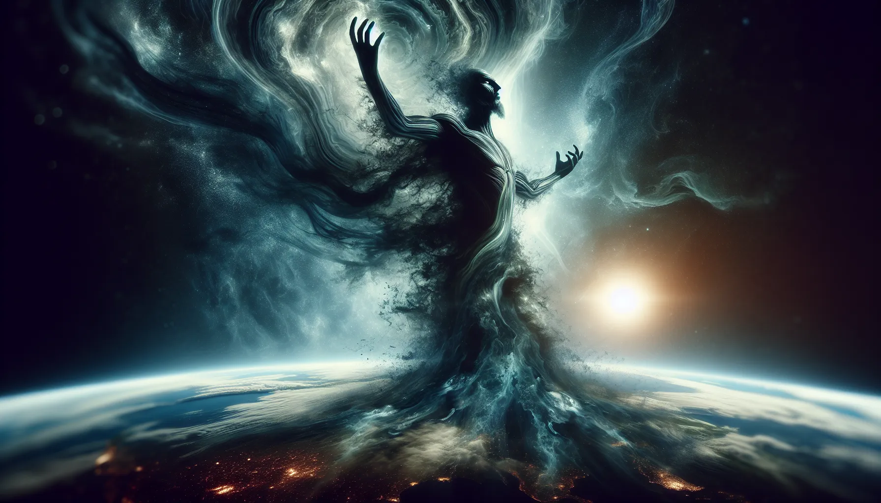 Representación abstracta de una figura oscura y misteriosa ascendiendo al poder en la Tierra