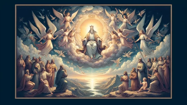 Ilustración de un paisaje celestial con Cristo como rey