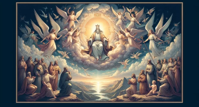 Ilustración de un paisaje celestial con Cristo como rey