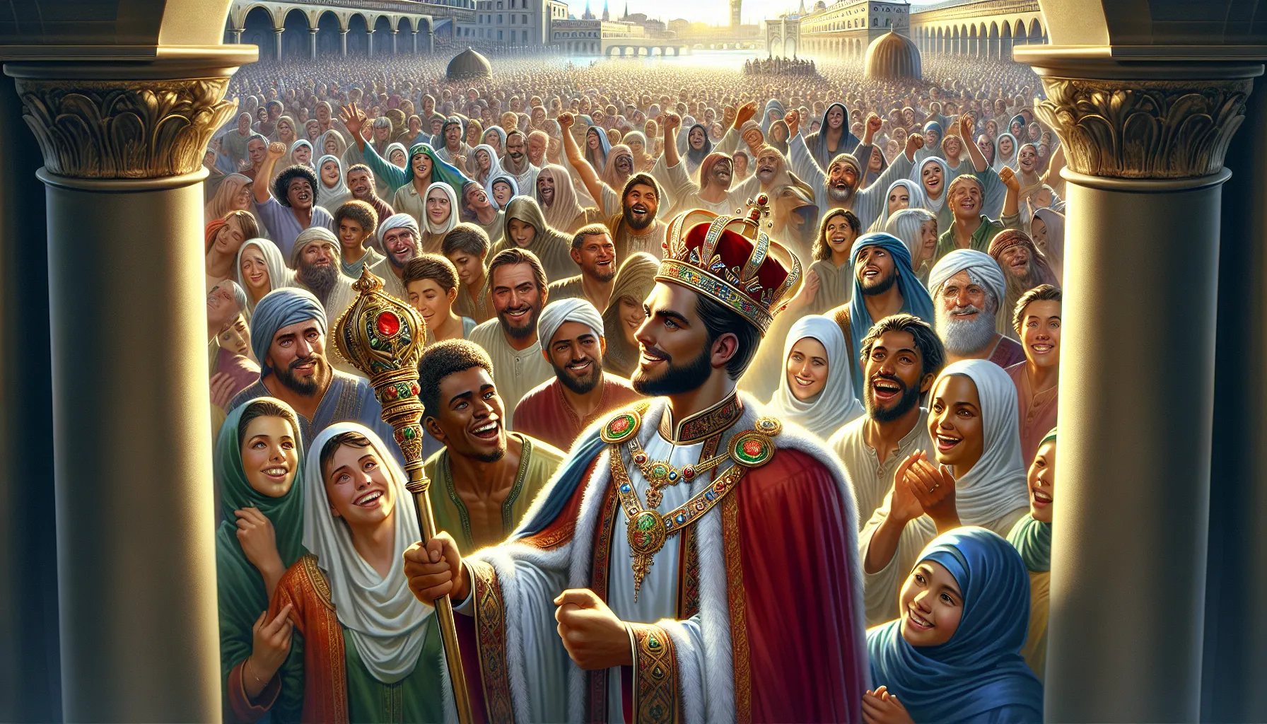 'Ilustración de un rey con corona y cetro, con una multitud feliz a su alrededor en un reino próspero y pacífico'.
