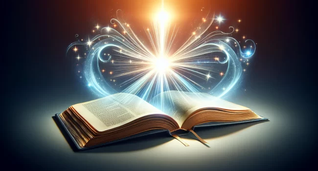 Imagen de un libro abierto con una luz brillante resplandeciendo desde sus páginas