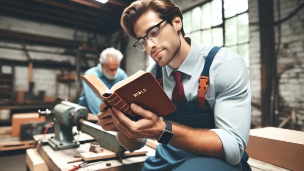 Imagen de un trabajador dedicado y satisfecho leyendo la Biblia mientras trabaja