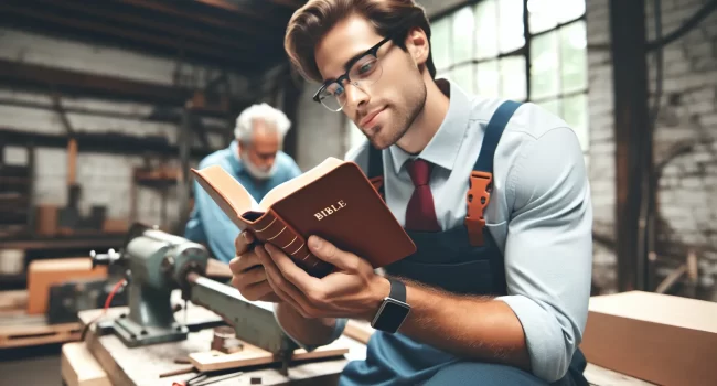 Imagen de un trabajador dedicado y satisfecho leyendo la Biblia mientras trabaja