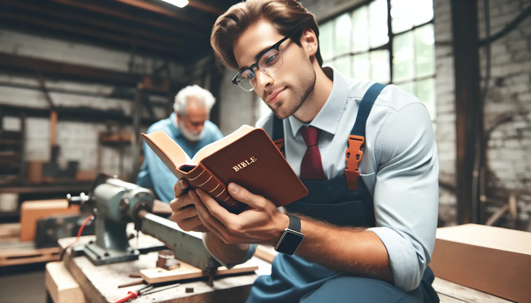 Imagen de un trabajador dedicado y satisfecho leyendo la Biblia mientras trabaja