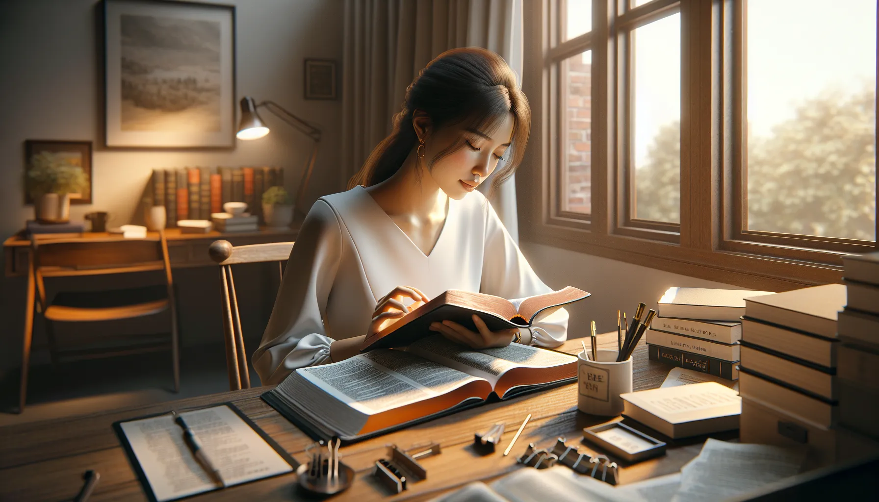 Imagen que muestra una persona leyendo la Biblia mientras trabaja en su escritorio, reflejando el valor y propósito del trabajo según la enseñanza bíblica.