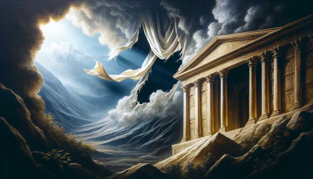 Representación simbólica del momento en que el velo del templo se rasgó tras la muerte de Jesús en el Monte Calvario.