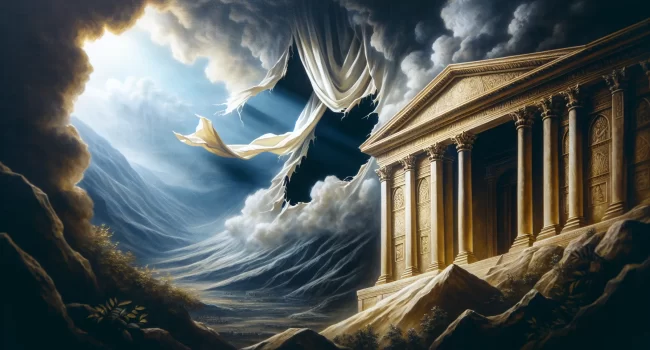 Representación simbólica del momento en que el velo del templo se rasgó tras la muerte de Jesús en el Monte Calvario.