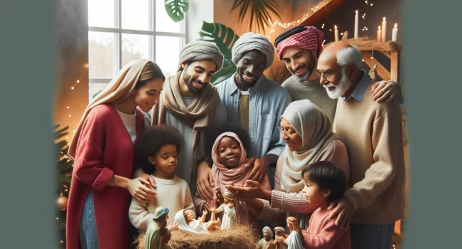 Representación de una escena navideña con una familia reunida alrededor de un pesebre