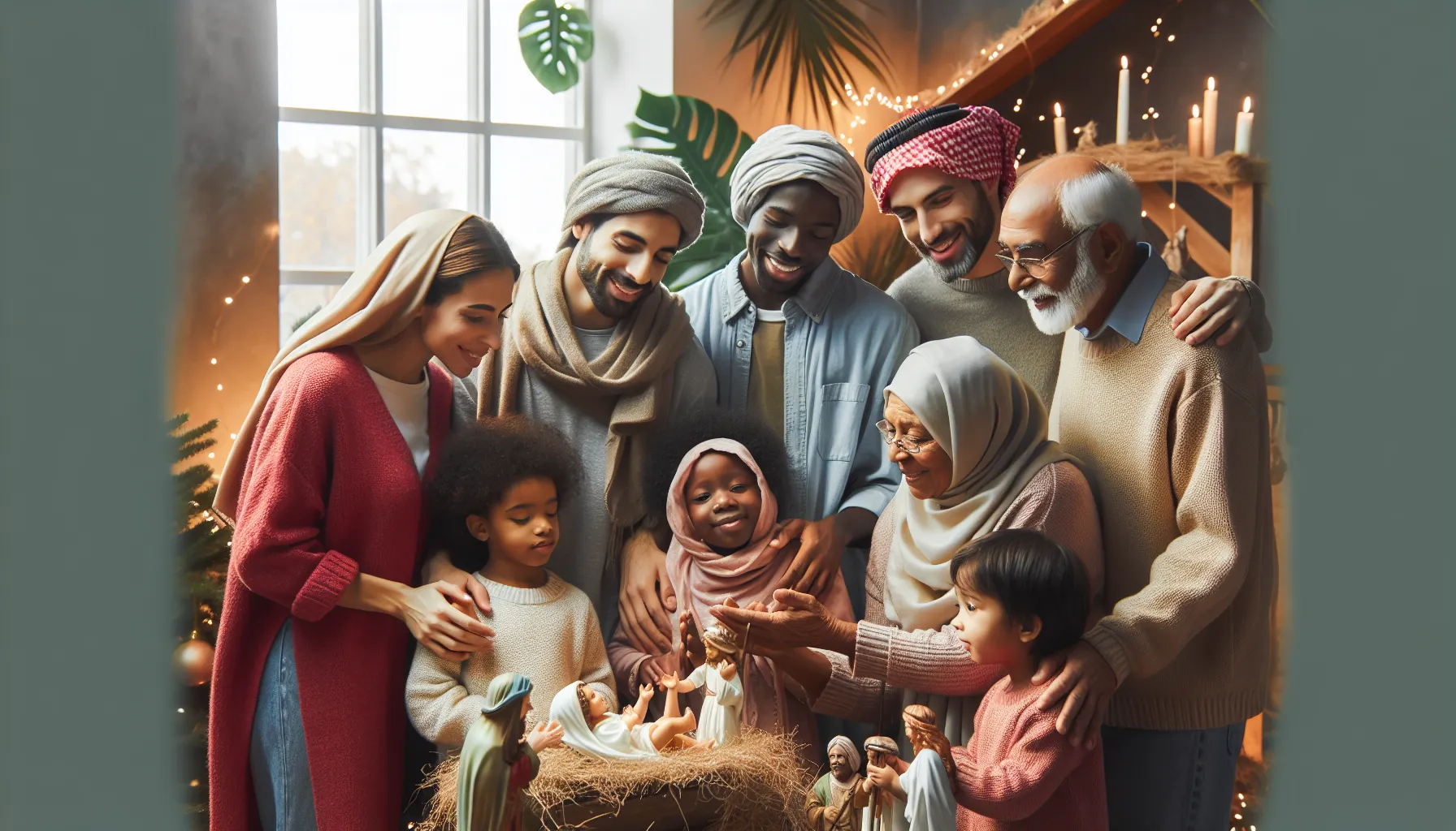 Representación de una escena navideña con una familia reunida alrededor de un pesebre