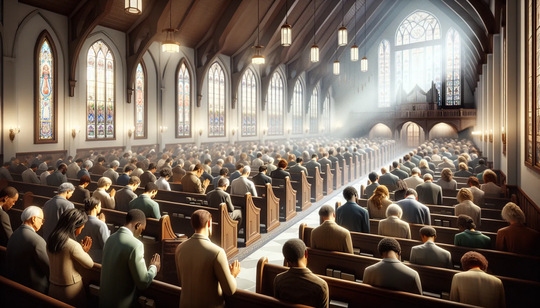 Imagen de personas orando en una iglesia adventista del séptimo día durante un servicio religioso.