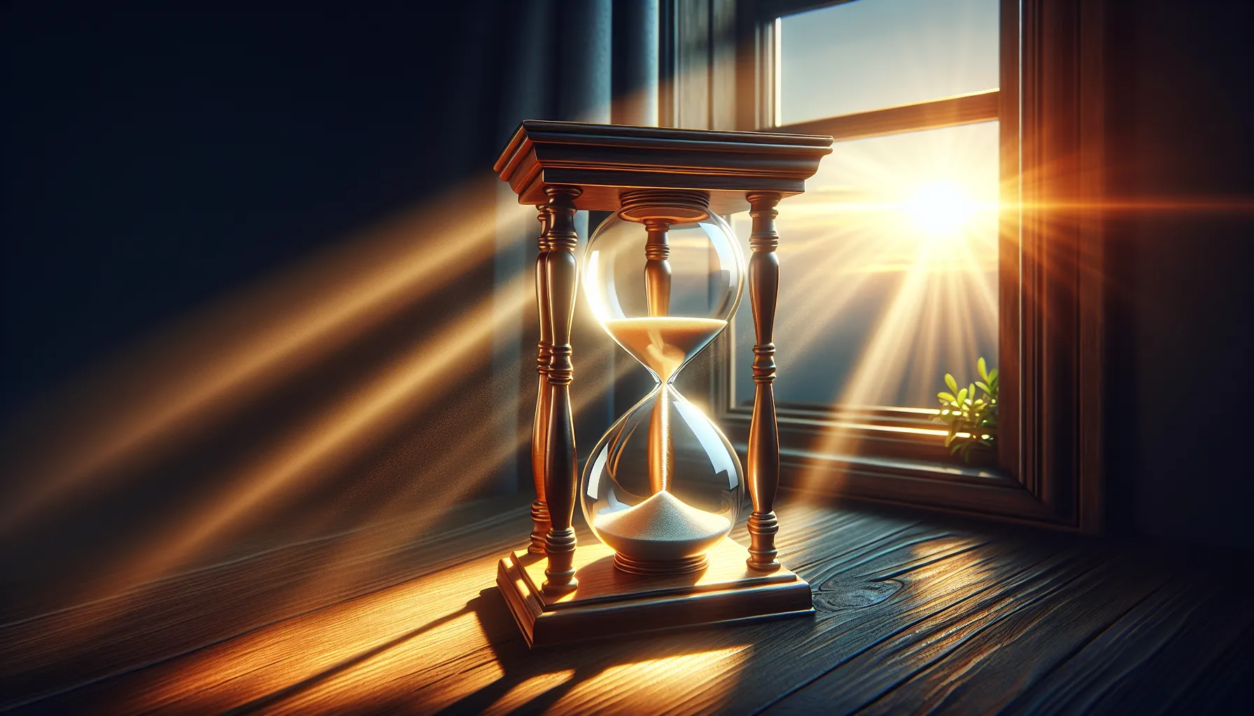 'Ilustración de un reloj de arena con rayos de sol entrando por la ventana, simbolizando la importancia de ser conscientes del tiempo que tenemos y de aprovecharlo sabiamente'.