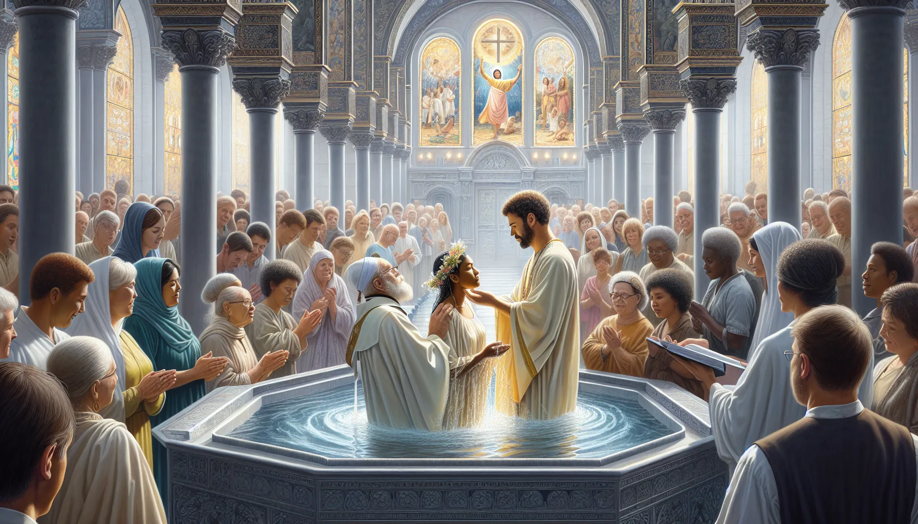 Imagen de una persona siendo bautizada en una iglesia como símbolo de su fe y compromiso religioso.