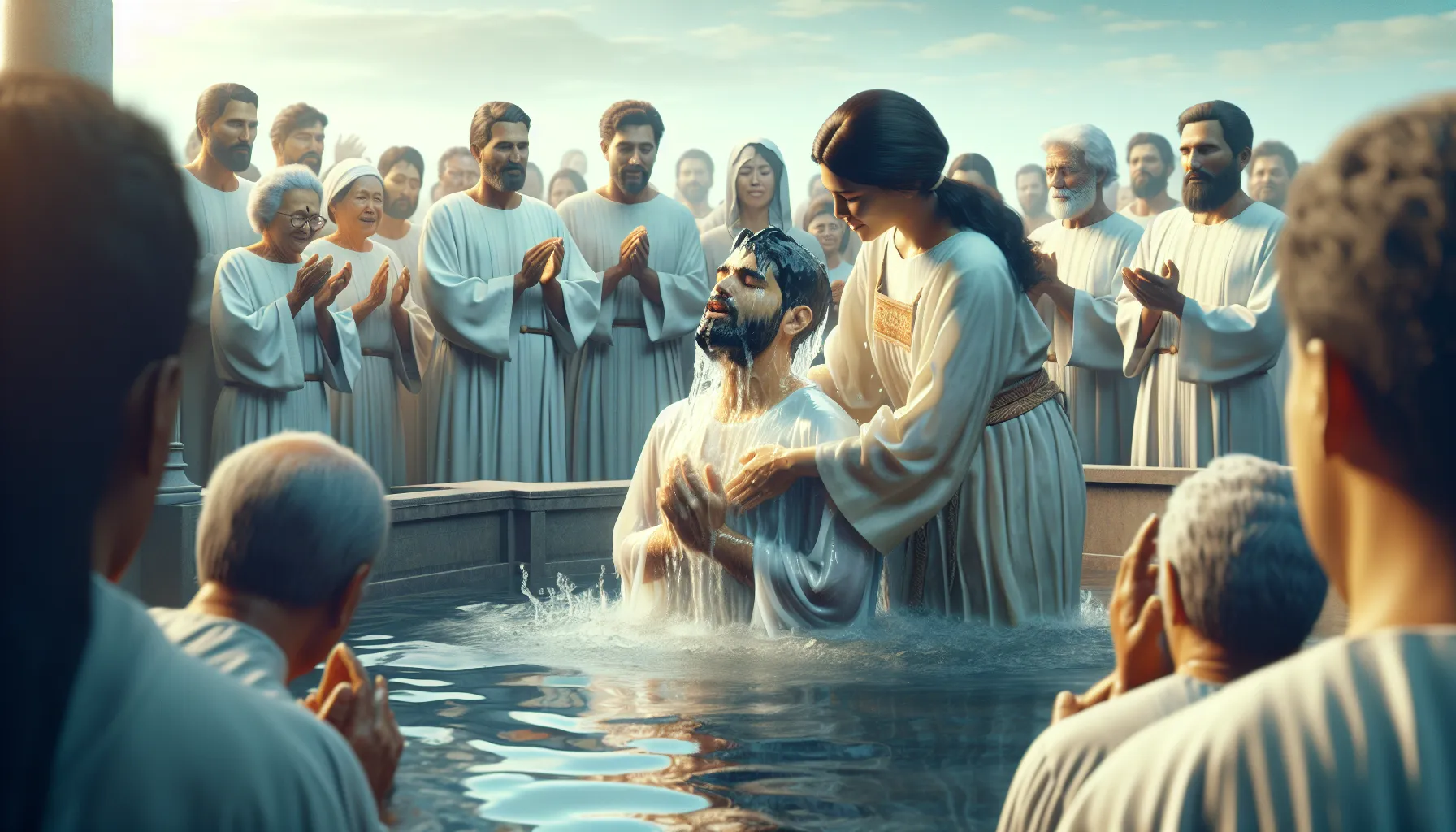 Imagen de una ceremonia de bautismo con una persona siendo sumergida en agua, simbolizando el compromiso de fe en la salvación cristiana.