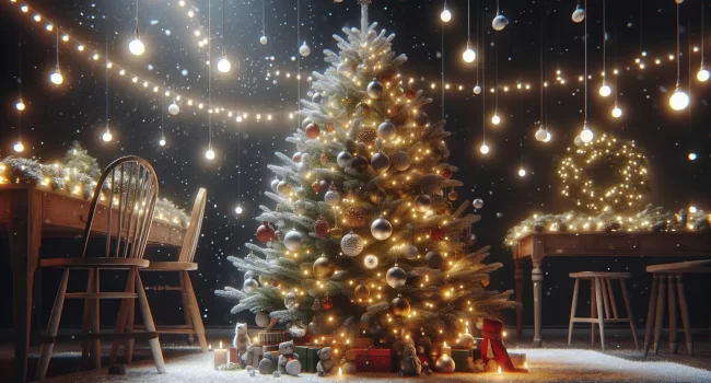 Imagen de un árbol decorado con luces y adornos navideños