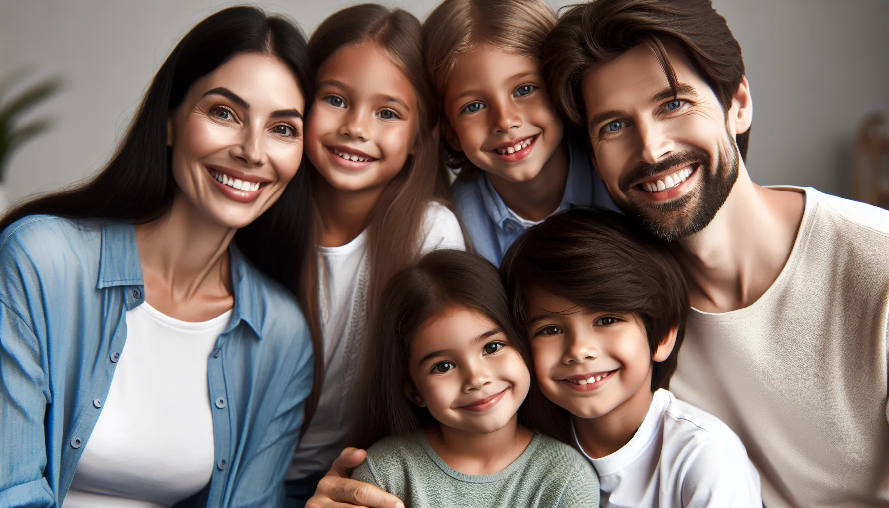 Una familia feliz con padres adoptivos y niños sonrientes, reflejando la enseñanza bíblica sobre la adopción de hijos.