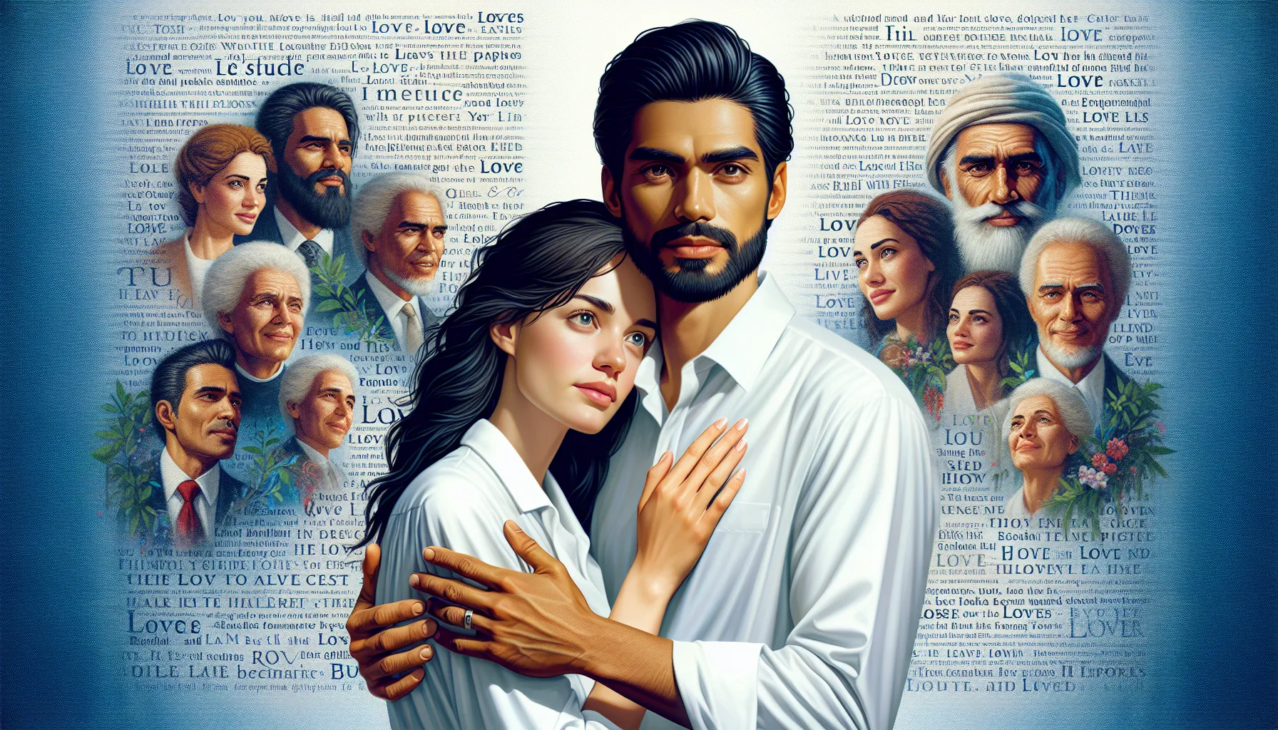 Imagen destacada: Ilustración de una pareja abrazándose con un fondo de versículos bíblicos sobre el amor.