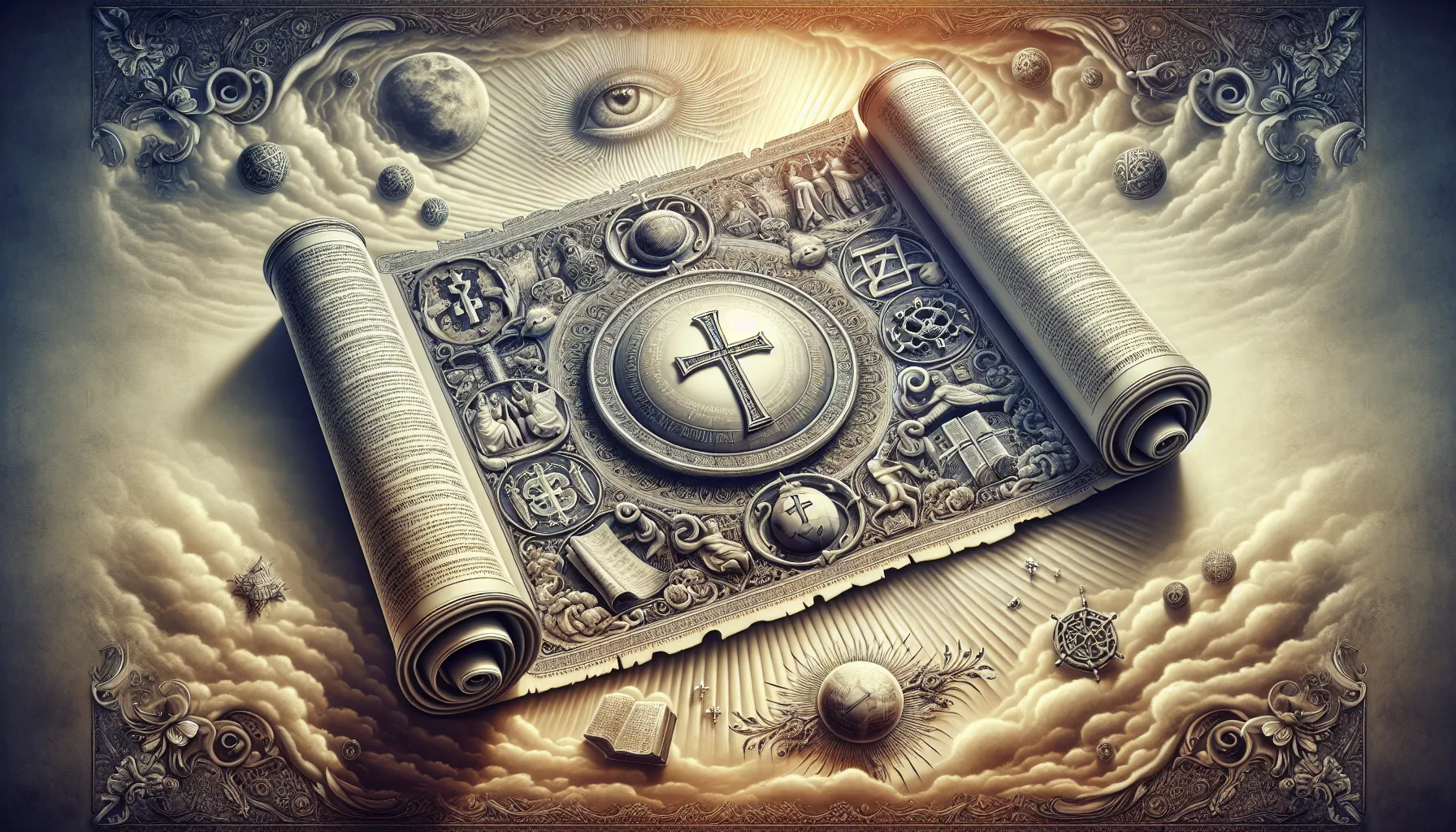 Imagen ilustrativa de un pergamino antiguo con símbolos religiosos y una cruz, representando la Escatología Cristiana y su estudio bíblico.
