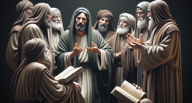 Imagen de los escribas debatiendo con Jesús durante su ministerio