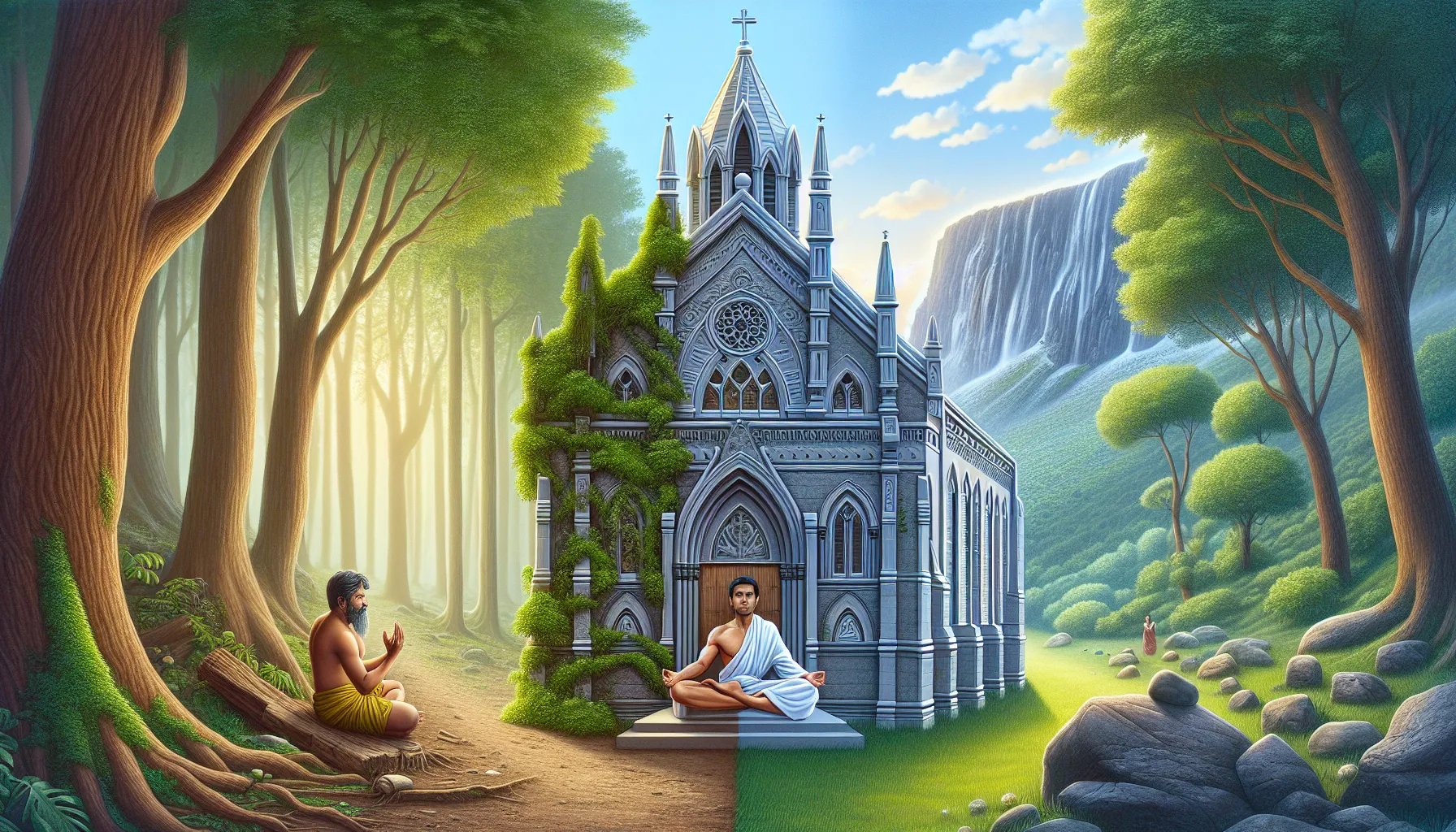 Imagen que muestra una comparativa entre una iglesia y una persona meditando en la naturaleza, representando la diferencia entre religión y espiritualidad.