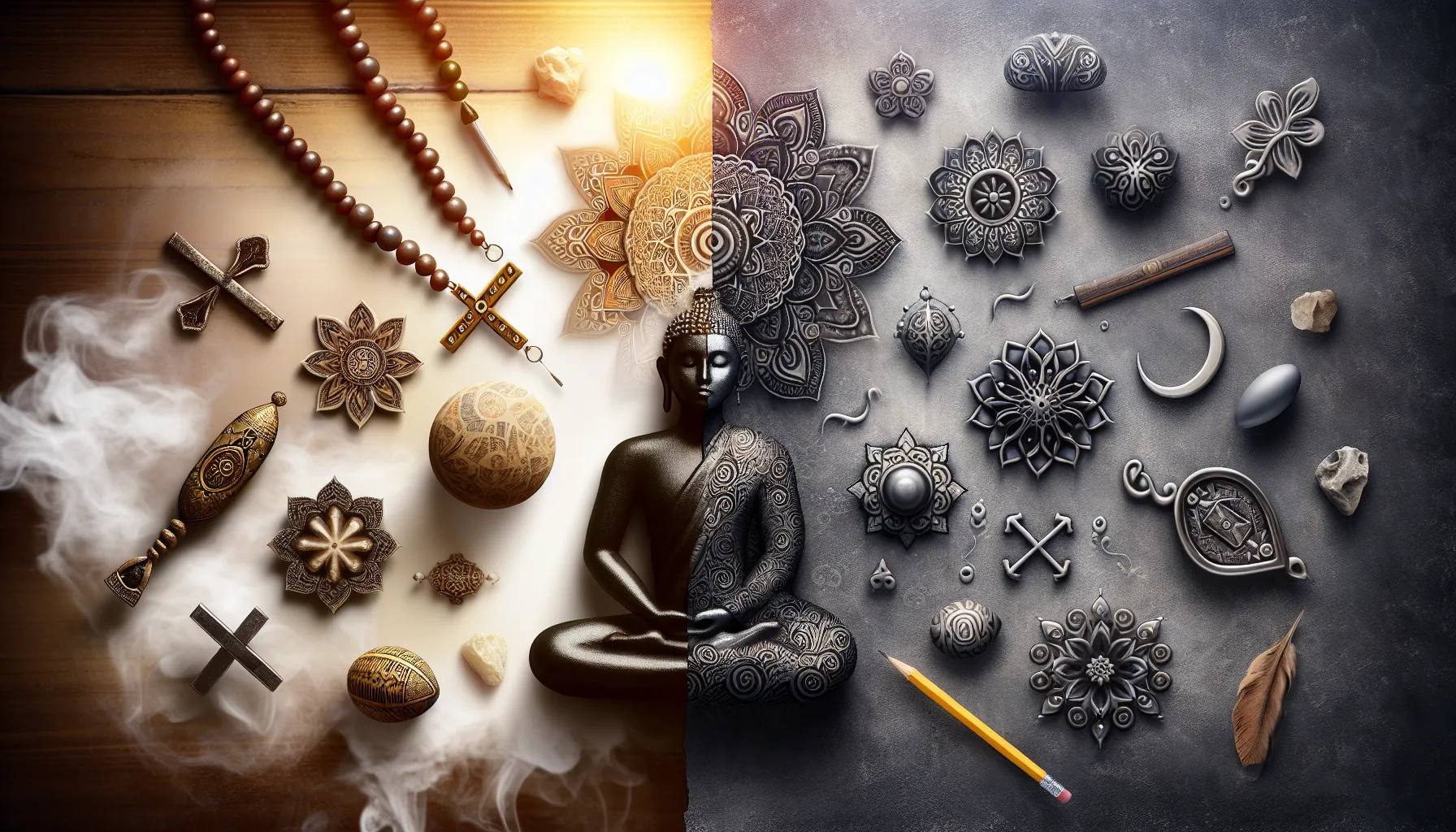 Imagen comparativa entre símbolos religiosos y conceptos espirituales para ilustrar la diferencia entre religión y espiritualidad.
