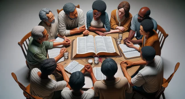 Imagen de una familia reunida alrededor de una mesa con una Biblia abierta