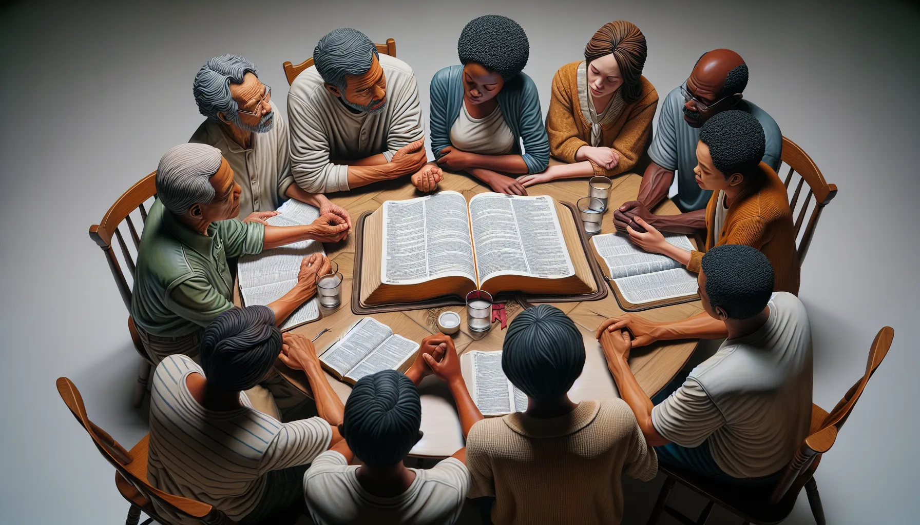 Imagen de una familia reunida alrededor de una mesa con una Biblia abierta
