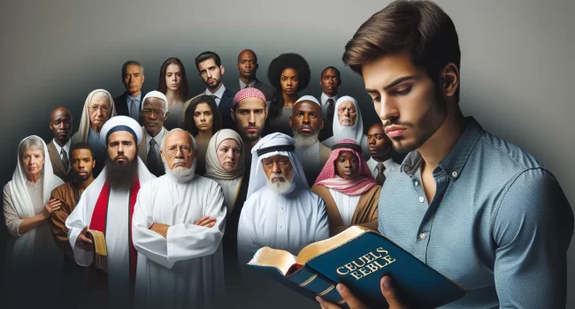 Imagen de hombre con expresión preocupada leyendo la Biblia junto a un grupo de personas religiosas en primer plano