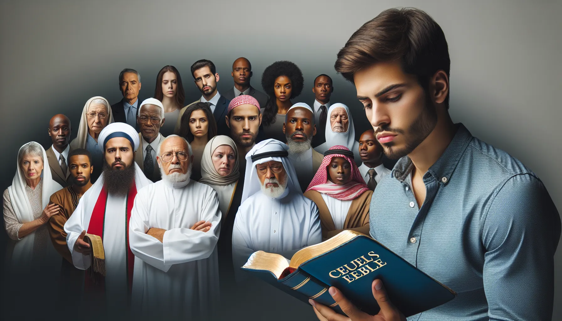 Imagen de hombre con expresión preocupada leyendo la Biblia junto a un grupo de personas religiosas en primer plano