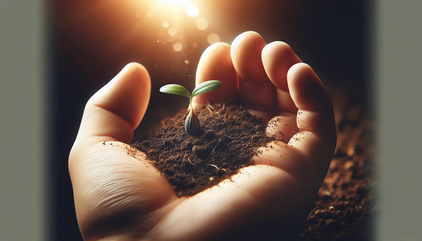 Imagen de una mano sosteniendo una pequeña semilla con tierra