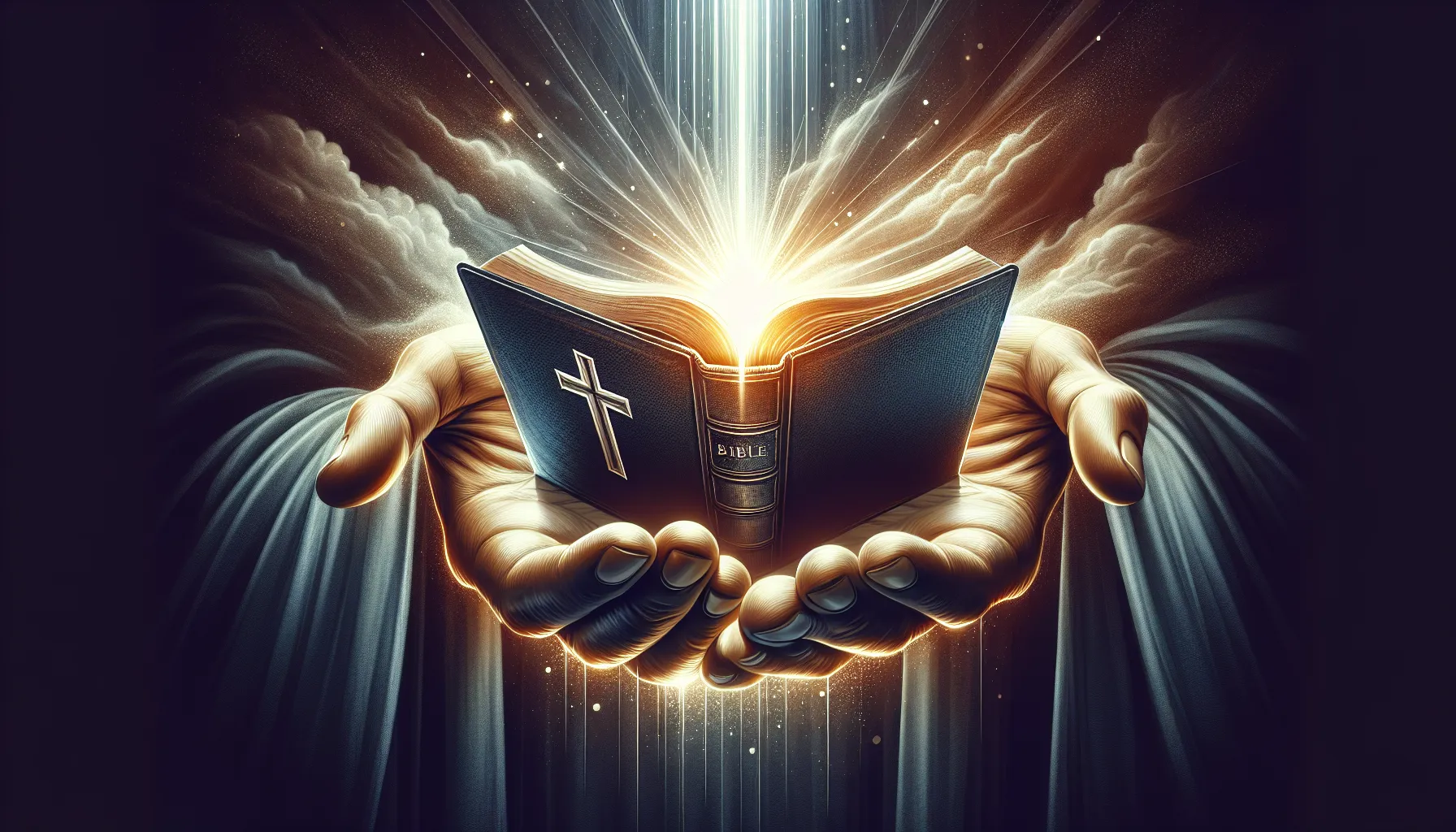 Una imagen de una mano sosteniendo una biblia abierta, con un rayo de luz brillante saliendo de ella, simbolizando la fe y su importancia para los creyentes.