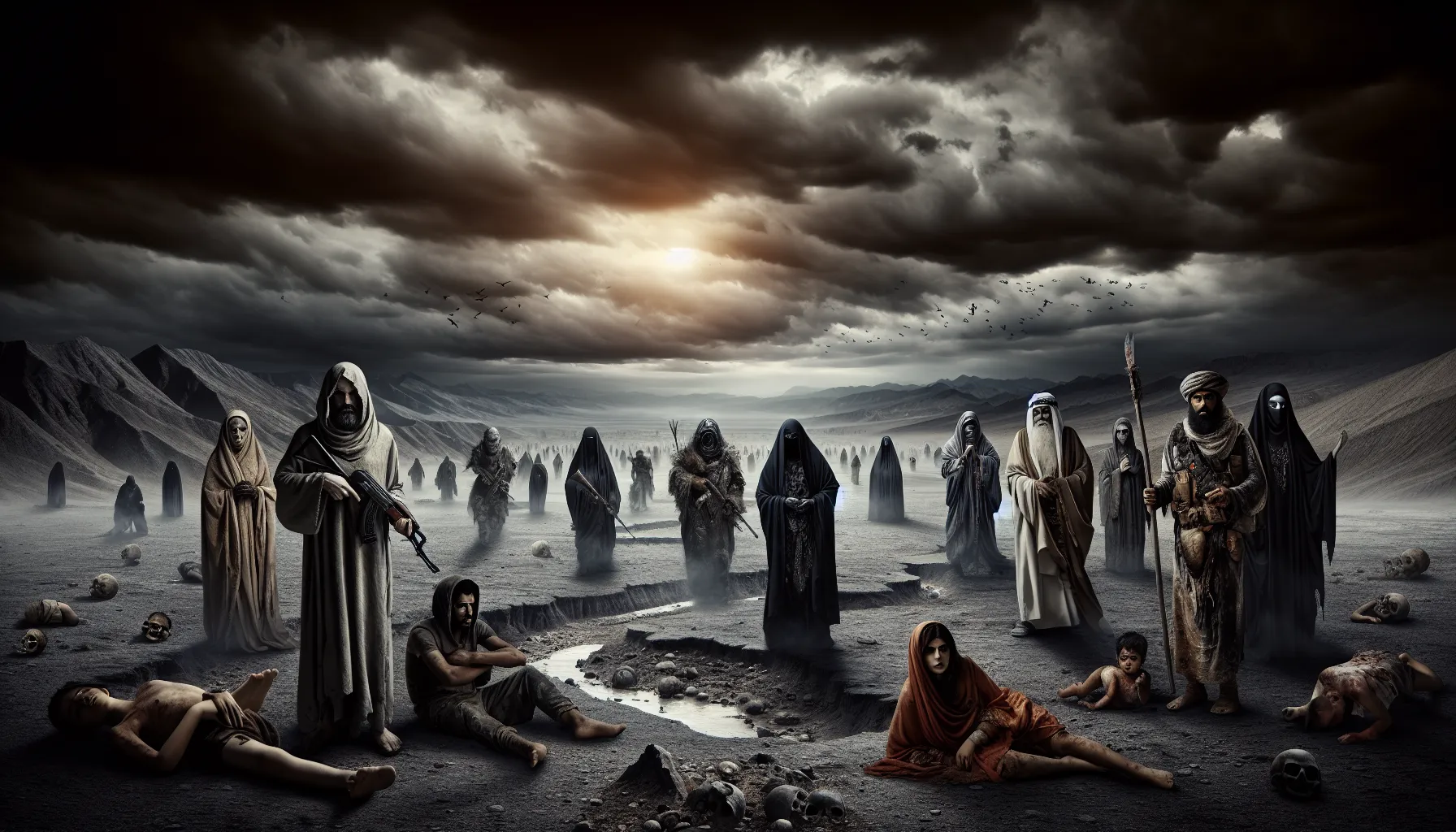 Representación gráfica de un paisaje desolado con personajes apocalípticos, simbolizando el fin del mundo y el juicio final.