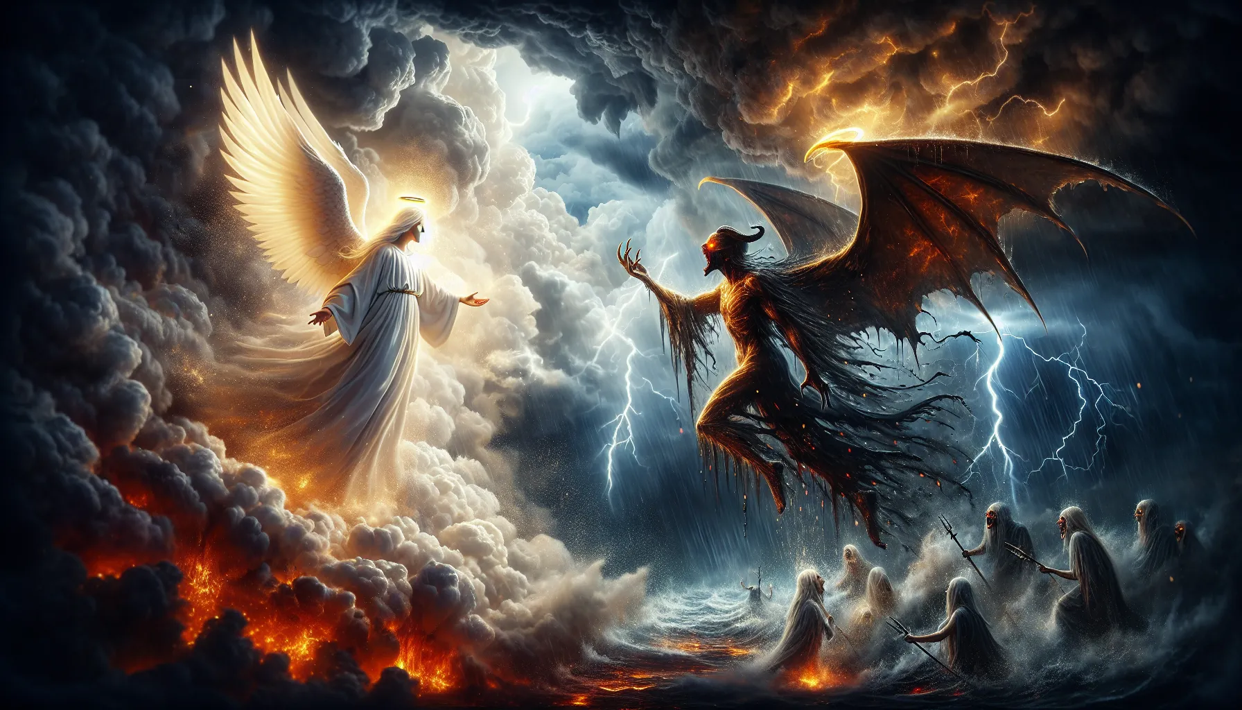 Imagen de tormenta apocalíptica con figuras angelicales y demoníacas enfrentadas