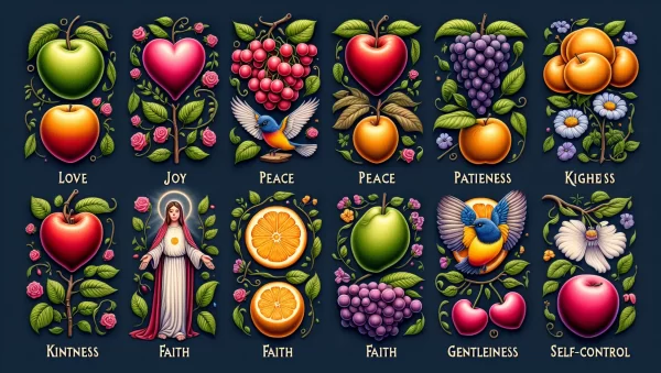 Representación visual de los Frutos del Espíritu Santo mencionados en la Biblia