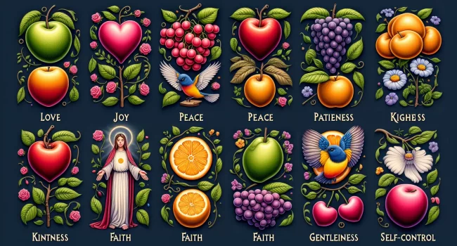 Representación visual de los Frutos del Espíritu Santo mencionados en la Biblia