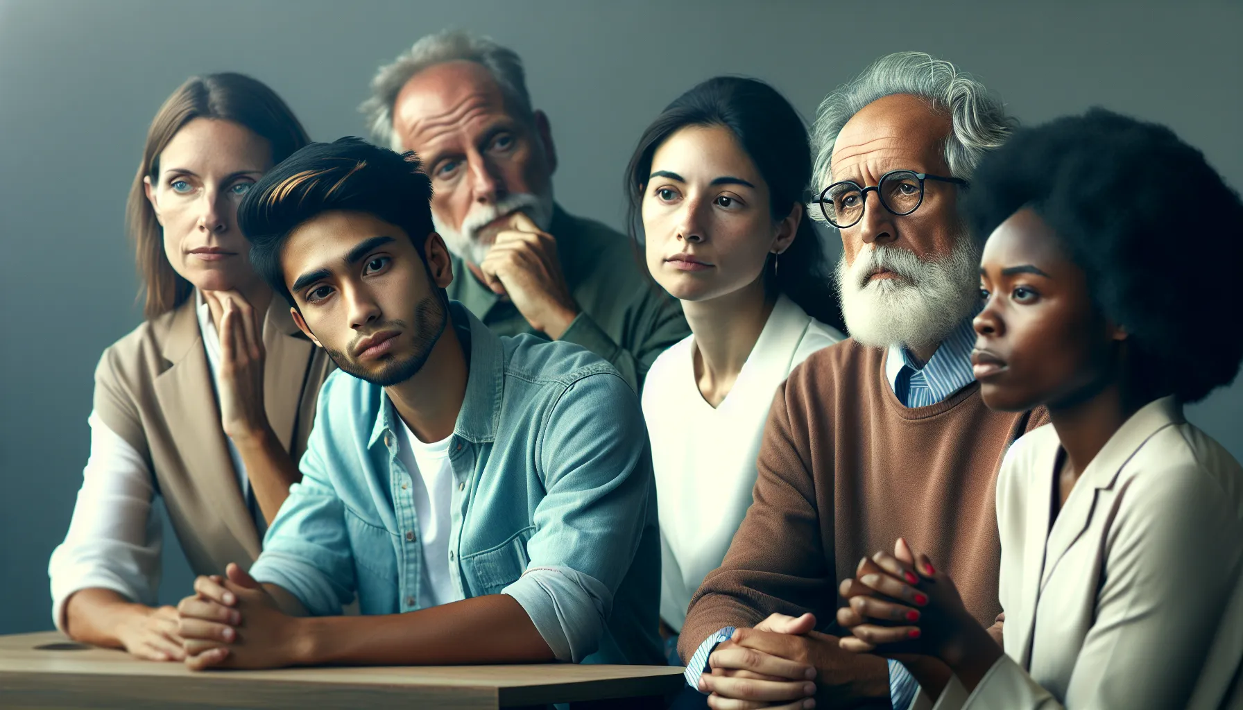 Imagen de un grupo de personas con expresiones faciales serias y pensativas, discutiendo sobre conceptos teológicos y filosóficos en un ambiente académico.