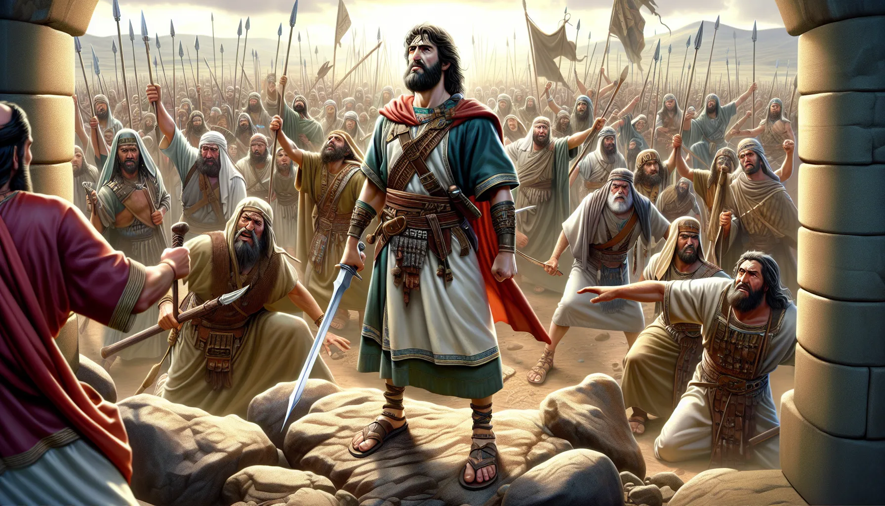 'Ilustración de Gedeón de la Biblia, un líder valiente y fiel, rodeado de un ejército de Israelitas en la batalla contra los madianitas, simbolizando coraje y fe en la historia bíblica'.