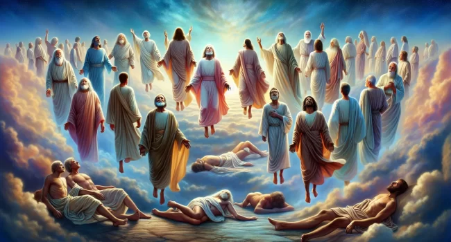 Imagen representativa de cuerpos glorificados ascendiendo al cielo según la Biblia.