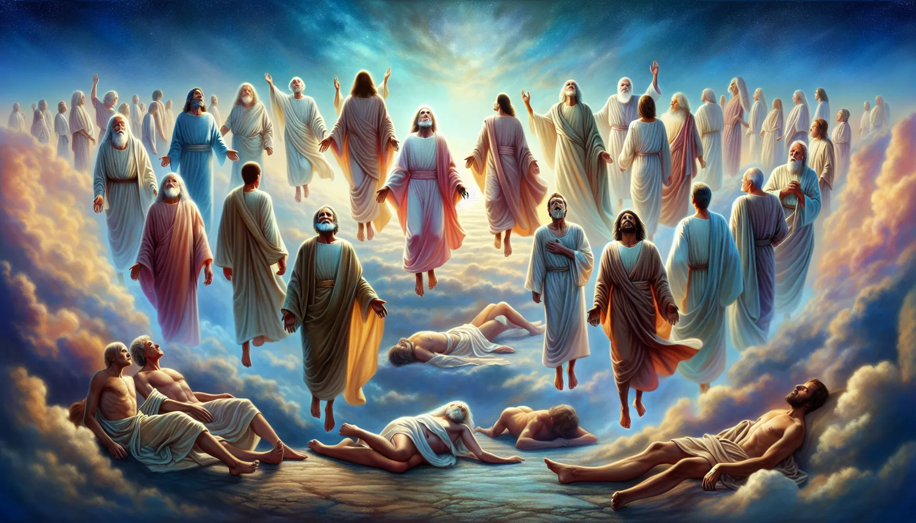 Imagen representativa de cuerpos glorificados ascendiendo al cielo según la Biblia.