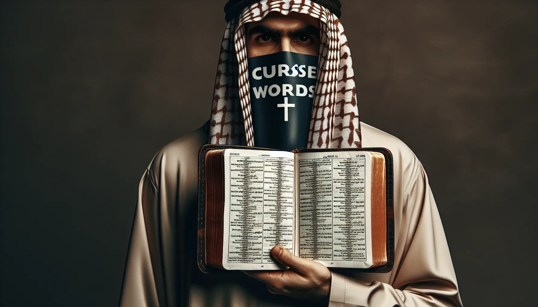 Un hombre con la boca tapada mientras la Biblia abre un capítulo sobre la importancia de evitar malas palabras y maldecir.